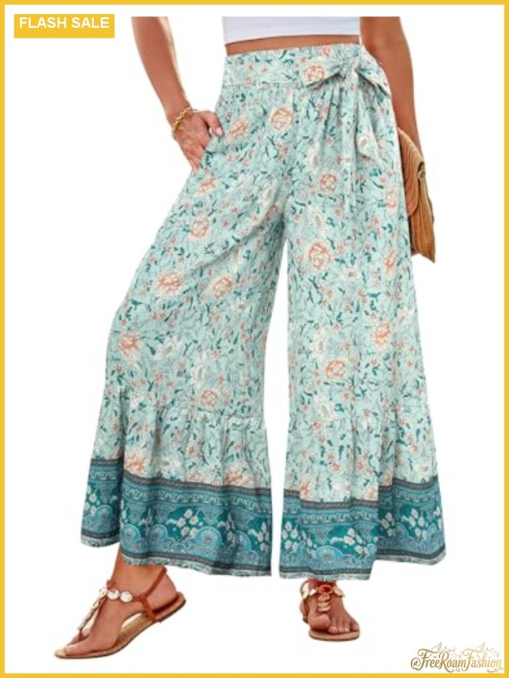 Women Wide Leg Palazzo Pants Flowy Boho High Waist Side Pockets Summer